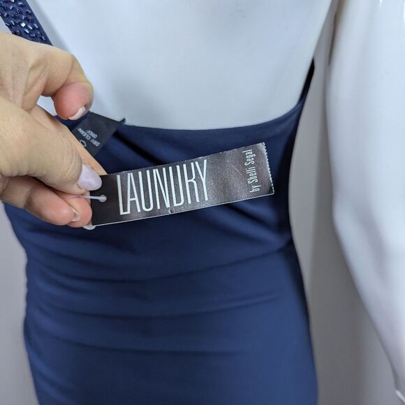 Laundry by Shelli Segal Navy Formal Gown Size 4 NWT One Shoulder Beaded Sequin - Picture 9 of 10